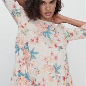 Zara Cream Floral Midi Dress Flowy Tiered Boho Cottagecore Lightweight